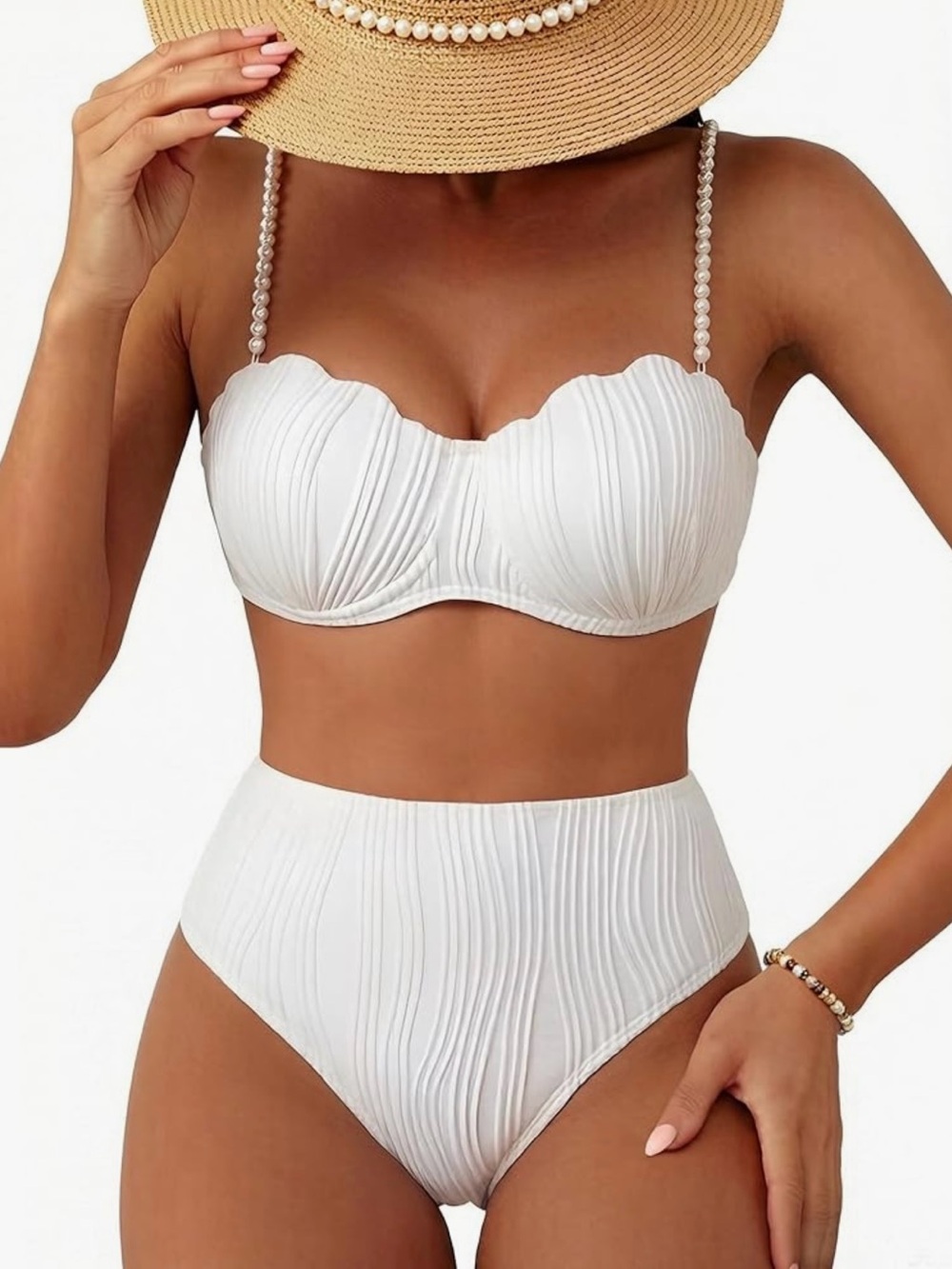 Women's White Pearl-Strap High-Waist Bikini